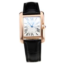 Cartier Tank Rose Gold Case with White Dial-Black Leather Strap