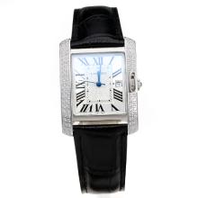 Cartier Tank Diamond Bezel with White Dial-Black Leather Strap-1