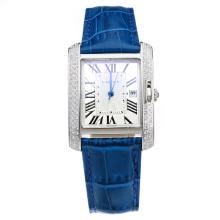 Cartier Tank Diamond Bezel with White Dial-Blue Leather Strap
