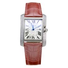 Cartier Tank Diamond Bezel with White Dial-Pink Leather Strap