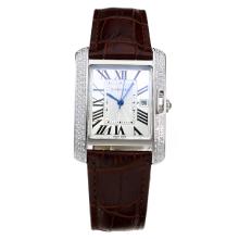 Cartier Tank Diamond Bezel with White Dial-Brown Leather Strap-1