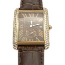 Cartier Tank Rose Gold Case Diamond Bezel with Brown and Strap