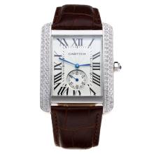 Cartier Tank Diamond Bezel with White Dial-Brown Leather Strap