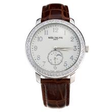 Patek Philippe Diamond Bezel Number Markers with White Dial-Leather Strap