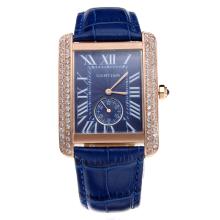 Cartier Tank Rose Gold Case Diamond Bezel with Blue Dial and Strap