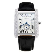 Cartier Tank Diamond Bezel with White Dial-Black Leather Strap(Gift Box is Included) 