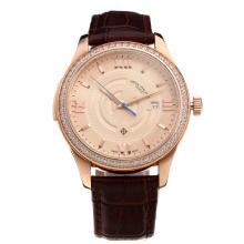 Patek Philippe Rose Gold Case Diamond Bezel with Champagne Dial-Leather Strap