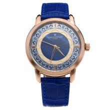 Vacheron Constantin Rose Gold Case with Blue Dial-Leather Strap