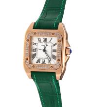 Cartier Santos 100 Rose Gold Case Diamond Bezel with White Dial-Green Leather Strap