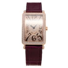 Franck Muller Long Island Rose Gold Case Diamond Bezel and Dial with Purple Leather Strap