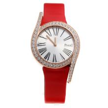 Piaget Limelight Rose Gold Case Diamond Bezel with Silver Dial-Red Leather Strap