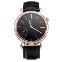 Vacheron Constantin Manual Winding Rose Gold Case with Black Dial-Leather Strap
