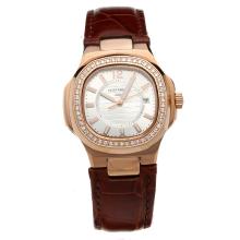 Patek Philippe Nautilus Rose Gold Case Diamond Bezel Silver Dial with Leather Strap-Lady Size