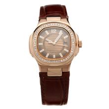 Patek Philippe Nautilus Rose Gold Case Diamond Bezel Brown Dial with Leather Strap-Lady Size