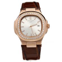 Patek Philippe Nautilus Rose Gold Case Diamond Bezel with Silver Dial-Leather Strap