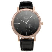 Piaget Altiplano Automatic Rose Gold Case Diamond Bezel with Black Dial-Leather Strap