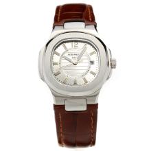 Patek Philippe Nautilus Silver Dial with Leather Strap-Lady Size