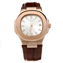 Patek Philippe Nautilus Automatic Rose Gold Case Silver Dial with Leather Strap-18K Plated Gold Movement
