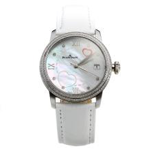 Blancpain Diamond Bezel with MOP Dial-White Leather Strap-1