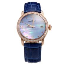 Blancpain Rose Gold Case Diamond Bezel with Black MOP Dial-Blue Leather Strap