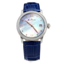 Blancpain Diamond Bezel with MOP Dial-Blue Leather Strap