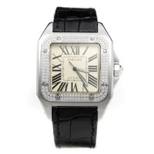 Cartier Santos 100 Swiss ETA 2836 Movement Diamond Bezel with White Dial-Leather Strap