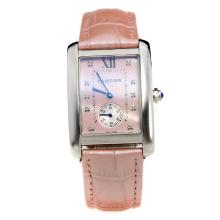 Cartier Tank with Pink MOP Dial-Pink Leather Strap
