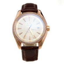 Omega Seamaster 18K Plated Gold Automatic Movement Rose Gold Case Diamond Bezel with White Dail-Leather Strap