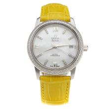 Omega De Ville Diamond Bezel with MOP Dial-Yellow Leather Strap-1