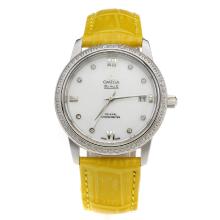 Omega De Ville Diamond Bezel with MOP Dial-Yellow Leather Strap
