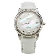 Omega De Ville with MOP Dial-White Leather Strap-1
