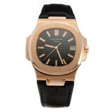 Patek Philippe Nautilus MIYOTA 9015 Automatic Movement Rose Gold Case with Black Dial-Leather Strap