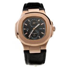 Patek Philippe Nautilus Automatic Rose Gold Case with Black Dial-Leather Strap