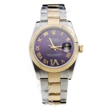 Rolex Oyster Perpetual Datejust Automatic Two Tone Oyster Bezel Roman Markers With Purple Dial-Same Classic as Swiss Version