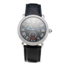 Cartier Rotonde De Cartier Watch Diamond Bezel With Black Dial And Leather Strap