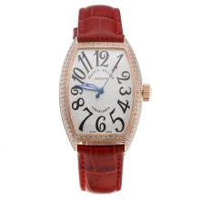 Franck Muller Casablanca Automatic Rose Gold Case Diamond Bezel with White Dial-Red Leather Strap 