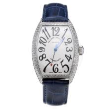 Franck Muller Casablanca Automatic Diamond Bezel with White Dial-Blue Leather Strap 