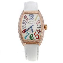 Franck Muller Casablanca Automatic Rose Gold Case Diamond Bezel with White Dial-White Leather Strap
