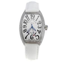Franck Muller Casablanca Automatic Diamond Bezel with White Dial-White Leather Strap