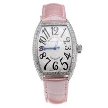 Franck Muller Casablanca Automatic Diamond Bezel with White Dial-Pink Leather Strap