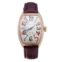 Franck Muller Casablanca Automatic Rose Gold Case Diamond Bezel with White Dial-Purple Leather Strap-1