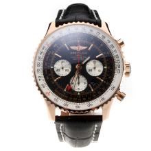 Breitling Navitimer Working GMT Chronograph Asia 7751 Movement Rose Gold Case with Black Dial-Leather Strap