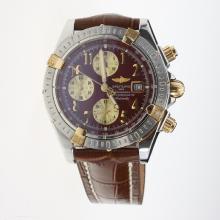 Breitling Chronomat Evolution Chronograph Asia Valjoux 7750 Movement Two Tone Case Number Markers with Brown Dial-Leather Strap