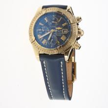 Breitling Chronomat Evolution Chronograph Asia Valjoux 7750 Movement Gold Case Roman Markers with Blue Dial-Leather Strap