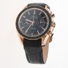 Omega Speedmaster Chronograph Asia Valjoux 7750 Movement Rose Gold Case Ceramic Bezel with Black Dial(Extra Brown Leather Strap is Included))