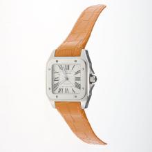 Cartier Santos 100 Automatic with White Dial-Orange Leather Strap