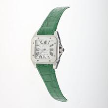 Cartier Santos 100 Automatic with White Dial-Green Leather Strap