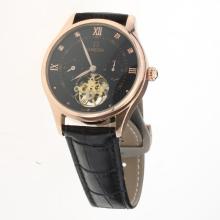 Omega Tourbillon Automatic Rose Gold Case with Black Dial-Leather Strap