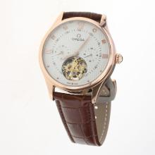 Omega Tourbillon Automatic Rose Gold Case with White Dial-Leather Strap-1