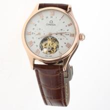 Omega Tourbillon Automatic Rose Gold Case with White Dial-Leather Strap
